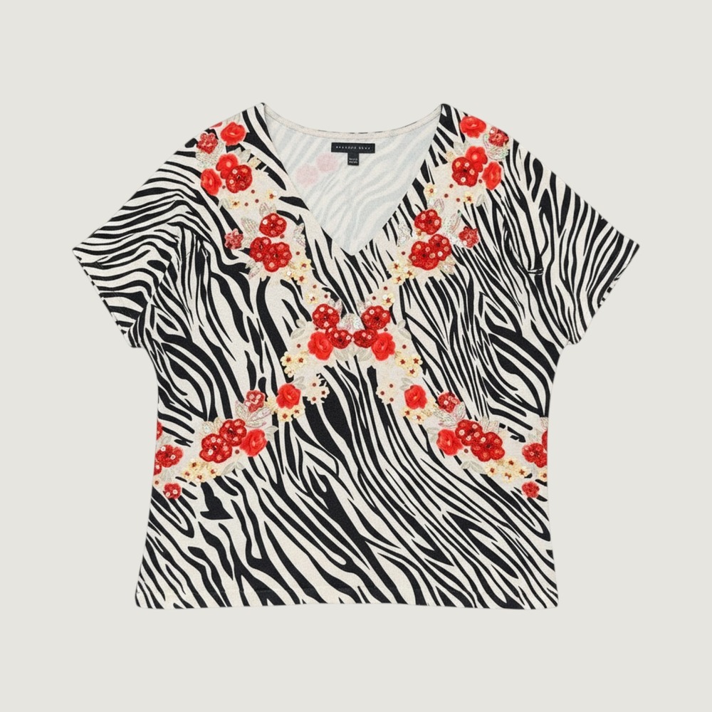 Maurice Sasson Zebra Print Silk Blend Sequin Floral V-Neck Top Small Black White